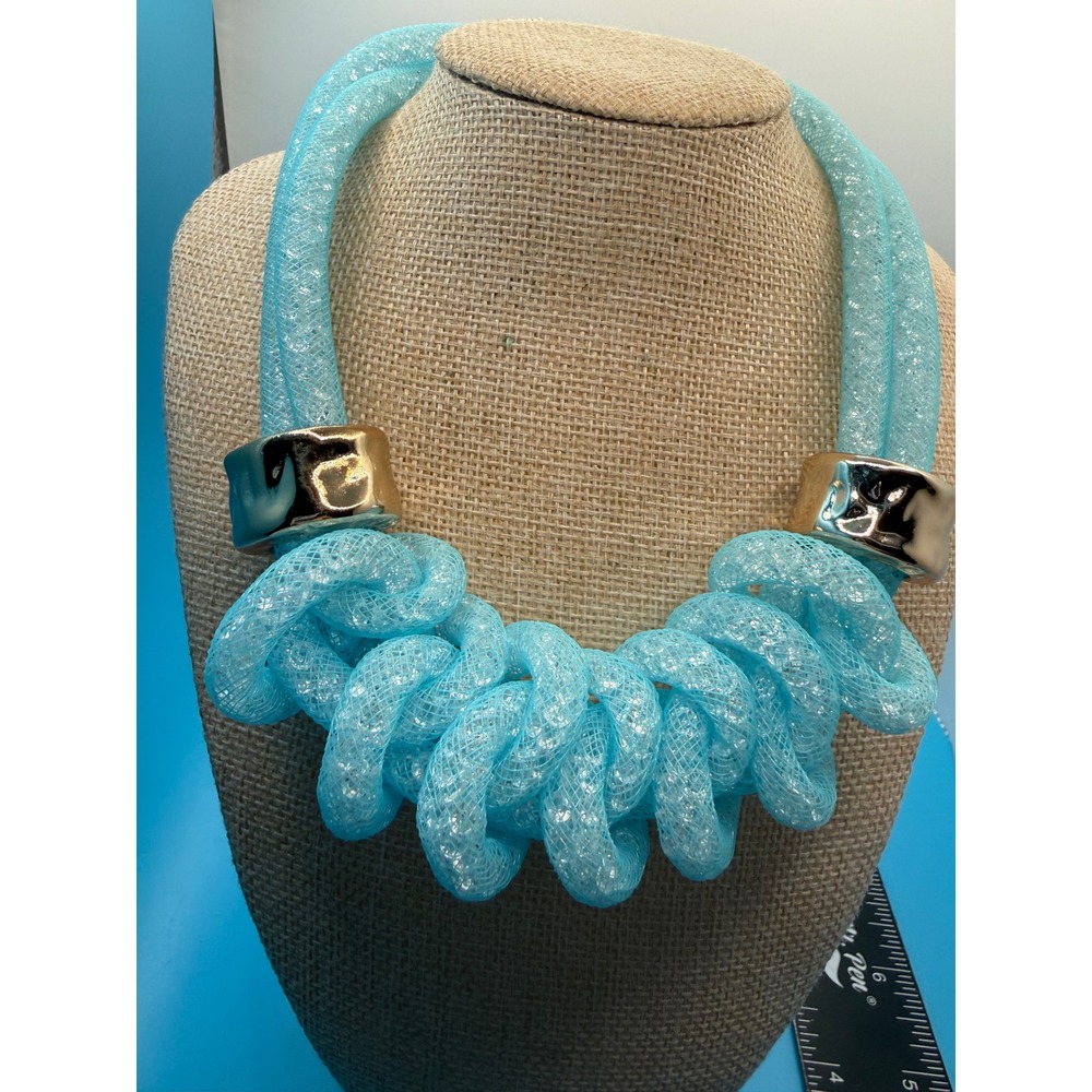 Aqua Blue Mesh‎ Crystal Knotted Bib Necklace Gold Tone Chunky Statement Collar